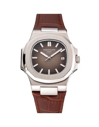 Patek Philippe Nautilus Brown Dial Brushed Stainless Steel Case Brown Leather Strap