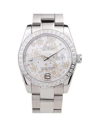 Rolex Datejust Polished Stainless Steel Silver Flowers Dial Diamond Plated 98081
