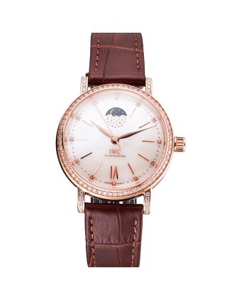 IWC Portofino Moon Phase Silver Dial Rose Gold Case Diamonds Bezel Brown Leather Strap