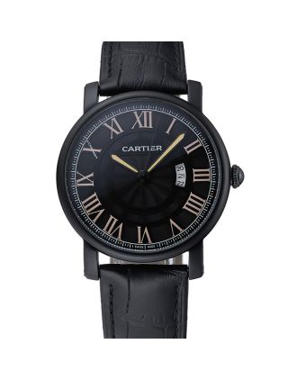 Cartier Rotonde Black Dial Black Case Black Leather Bracelet 1454218