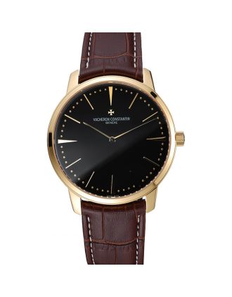 Swiss Vacheron Constantin Patrimony Grand Taille Black Dial Gold Case Brown Leather Bracelet 1454178