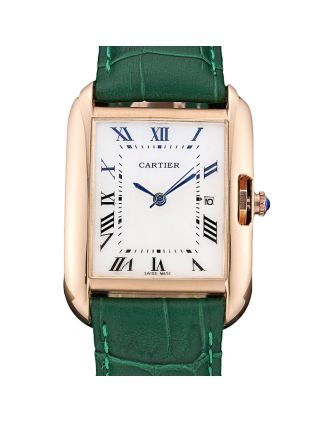 Cartier Tank Anglaise 30mm White Dial Gold Case Green Leather Bracelet