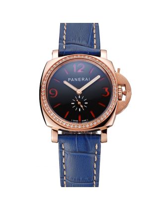 Panerai Radiomir Black Dial Diamond Bezel Rose Gold Case Blue Leather Strap 1453800