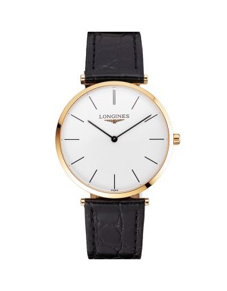 Swiss Longines Grande Classique White Dial Gold Case Black Leather Strap