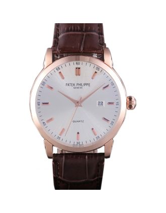 Patek Philipe Calatrava Roze Gold Polished Bezel Brown Leather Bracelet 801430