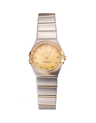 Swiss Lady Omega Constellation Crystal Encrusted Bezel Golden Dial 80293