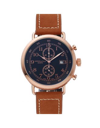 Hamilton Navy Pioneer Chrono Black Dial Rose Gold Case Brown Leather Strap