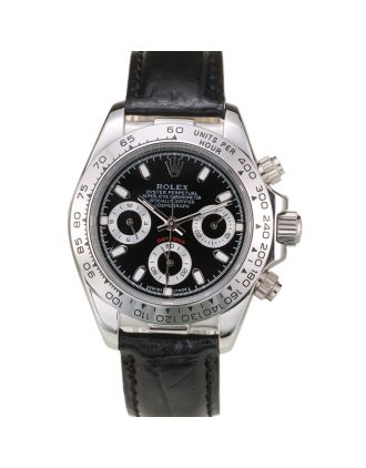 Rolex Daytona Lady Stainless Steel Case Black Dial Black Leather Strap Tachymeter