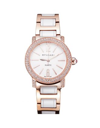 Bvlgari Bvlgari White Embossed Dial Gold Case Diamond Bezel Two Tone Bracelet