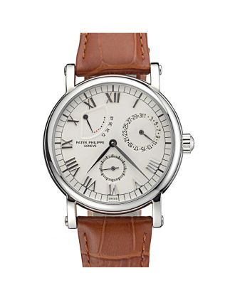 Patek Philippe Geneve Complications White Dial Stainless Steel Brown Leather Band 622142
