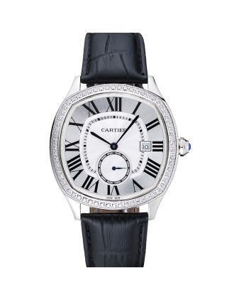 Cartier Drive De Cartier White Dial Silver Diamond Case Black Leather Bracelet 1454215