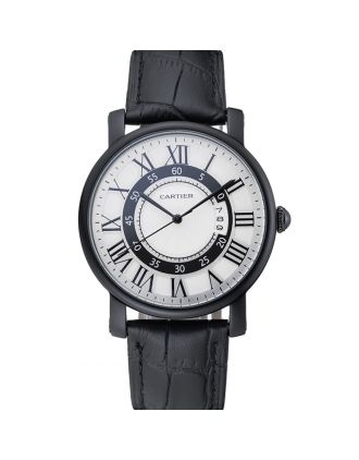 Cartier Rotonde White And Black Dial Black Case Black Leather Bracelet 1454219