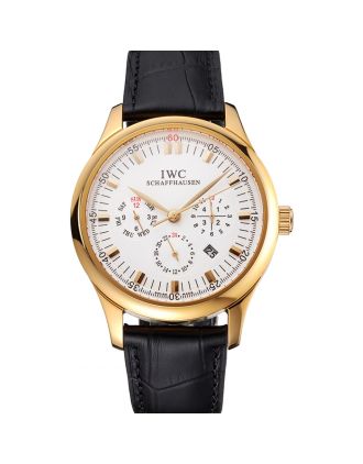 Swiss IWC Portugieser Perpetual Calendar White Dial Gold Case Black Leather Strap