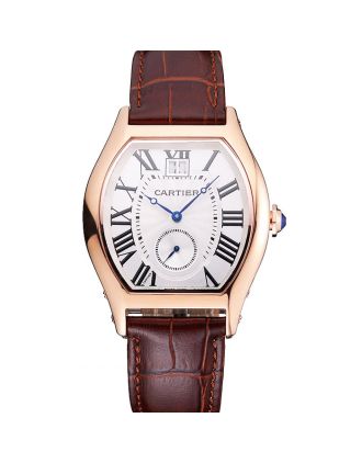 Cartier Tortue Large Date White Dial Gold Case Brown Leather Strap