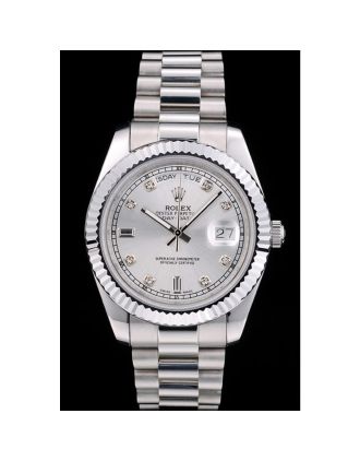 Rolex DayDate Stainless Steel Ribbed Bezel Silver Dial 41976