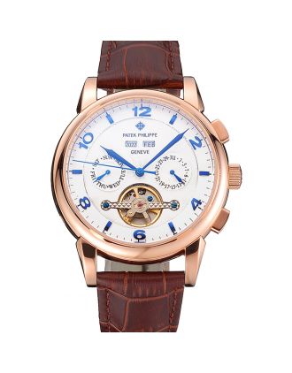 Patek Philippe Perpetual Calendar Tourbillon White Dial Rose Gold Case Brown Leather Strap