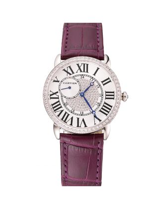 Cartier Ronde Louis Silver Diamond Case White Dial Purple Leather Bracelet 1454009
