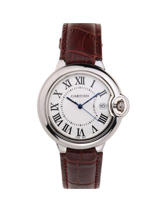 Cartier Ballon Bleu 42mm White Dial Stainless Steel Case Brown Leather Bracelet