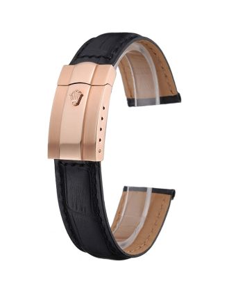 Rolex Black Leather with Rose Gold Clasp Bracelet 622498