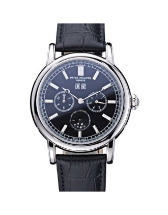 Patek Philippe Geneve Grand Complications Black Dial Stainless Steel Bezel Black Leather Band 622153