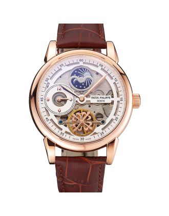 Patek Philippe Dual Time Moonphase Tourbillon White Skeletonised Dial Rose Gold Case Brown Leather Strap