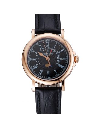 Patek Philippe Perpetual Calendar Retrograde Date Black Dial Rose Gold Case Black Leather Bracelet 1454150