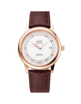 Omega De Ville Prestige White Dial Rose Gold Case Brown Leather Strap