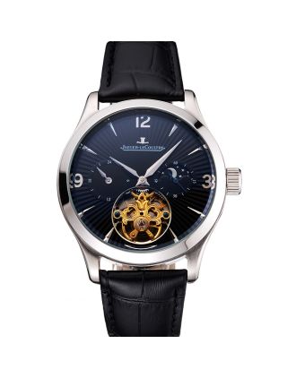 Jaeger LeCoultre Master Moonphase Tourbillon Black Dial Stainless Steel Case Black Leather Strap