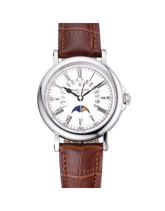 Patek Philippe Perpetual Calendar Retrograde Date White Dial Silver Case Brown Leather Bracelet 1454149