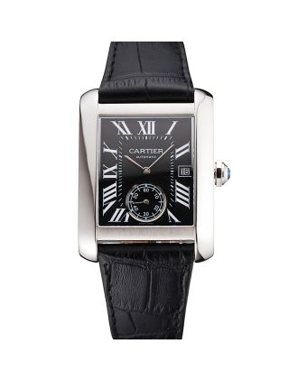 Swiss Cartier Tank MC Black Dial Stainless Steel Case Black Leather Strap