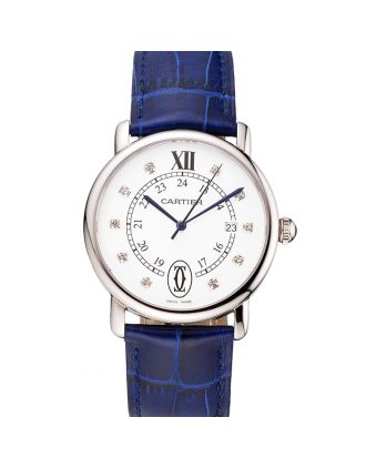 Cartier Ronde Solo White Dial Diamond Hour Marks Stainless Steel Case Blue Leather Strap