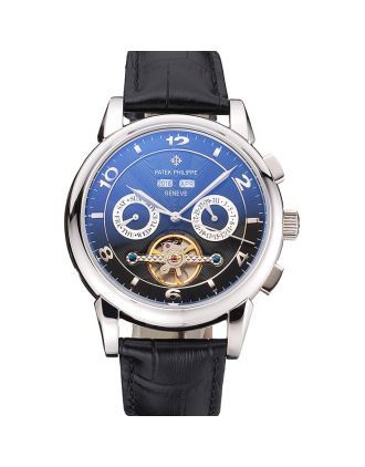 Patek Philippe Perpetual Calendar Tourbillon Black Dial Stainless Steel Case Black Leather Strap