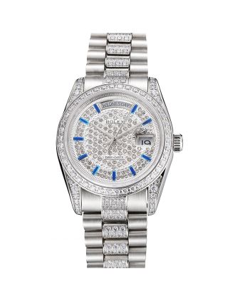 Swiss Rolex Day Date Diamond Pave Dial And Bezel And Stainless Steel Bracelet