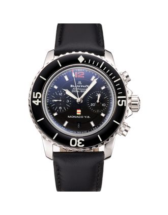 Swiss Blancpain Air Command Monaco YS Black Dial Stainless Steel Case Black Leather Strap