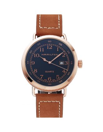 Hamilton Navy Pioneer Black Dial Rose Gold Case Brown Leather Strap