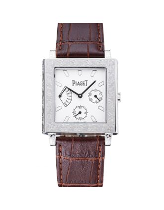Piaget Emperador Limited Edition White Dial Engraved Silver Case Brown Leather Bracelet 1454138
