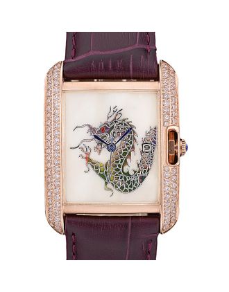 Cartier Tank Anglaise White Dragon Dial Diamonds Gold Case Purple Leather Bracelet
