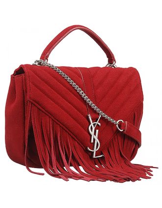 Saint Laurent College Matelasse Medium Fringed Suede Bag Red