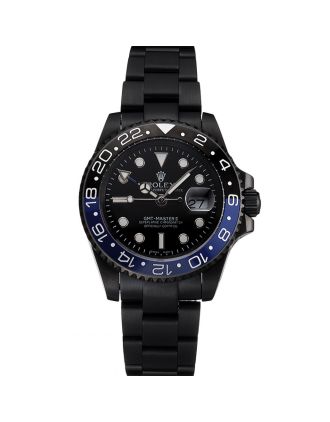 Swiss Rolex GMT Master II Black Dial Blue And Black Bezel Black PVD Case And Bracelet