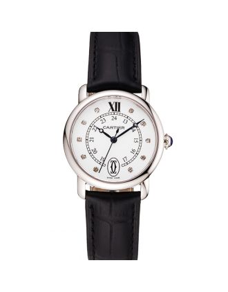 Cartier Ronde White Dial Diamond Hour Marks Stainless Steel Case Black Leather Strap