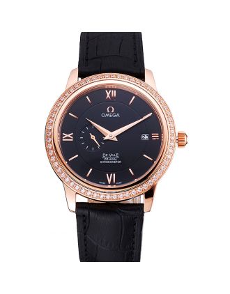 Omega De Ville Prestige Co-Axial Black Dial Rose Gold Diamond Case Black Leather Strap Roman Numeral