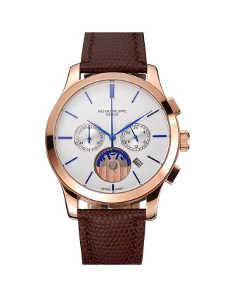 Patek Philippe Chronograph White Dial Rose Gold Case Brown Leather Strap