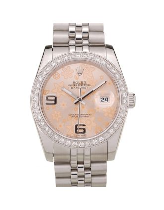 Rolex DateJust Brushed Stainless Steel Case Orange Flowers Dial Diamonds Plated
