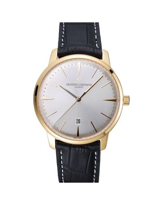 Swiss Vacheron Constantin Patrimony White Dial Gold Case Black Leather Bracelet 1454177
