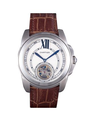 Cartier Calibre Flying Tourbillon White Dial Stainless Steel Case Brown Leather Bracelet