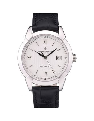 Swiss Vacheron Constantin Traditionnelle White Dial Stainless Steel Case Black Leather Bracelet