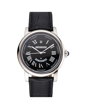 Swiss Cartier Rotonde Annual Calendar Black Dial Stainless Steel Case Black Leather Strap