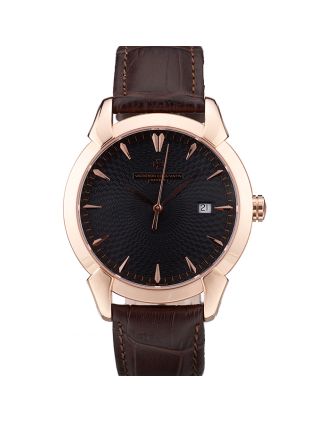 Swiss Vacheron Constantin Traditionnelle Black Dial Rose Gold Case Brown Leather Bracelet
