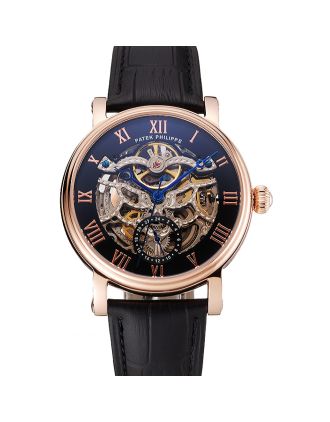 Patek Philippe Grand Complications Black Skeleton Dial Rose Gold Case Black Leather Strap 1453809