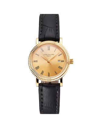 Patek Philippe Calatrava Gold Dial Roman Numerals Double Ribbed Bezel Gold Case Black Leather Strap